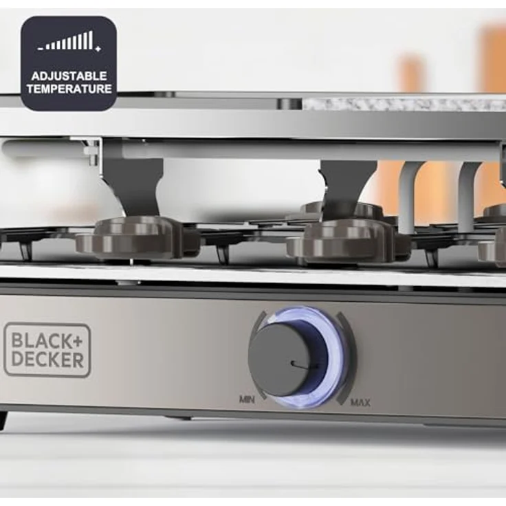 Black+Decker Raclette-Grill für 8 Personen, 1400 W, 21 x 21 cm Platten, umkehrbare und antihaftbeschichtete Platte, Naturstein, Zubehör inklusive, PFOA-frei – Bild 4