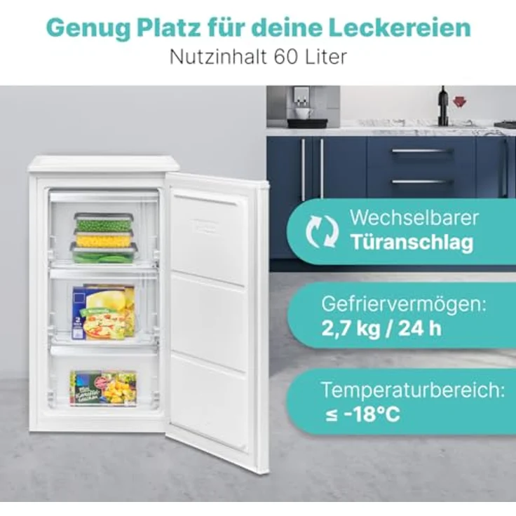 Bomann GS 7256, kleiner Gefrierschrank mit 60L, 4 Sterne-Gefrierfach, 3 Fächer, leise, wechselbarer Türanschlag, weiß – Bild 5