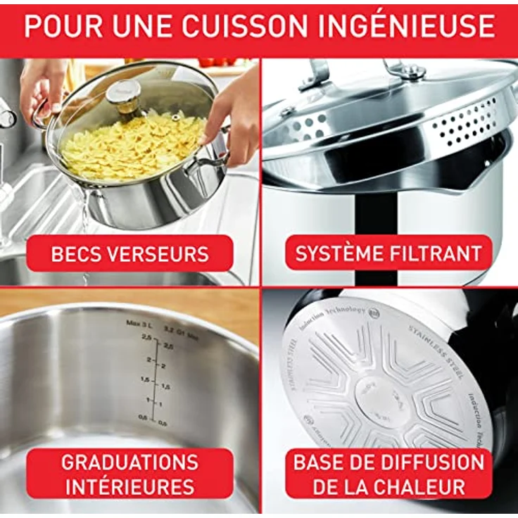 Tefal Duetto 6-teiliges Set,Kasserolle,16 cm,Kochtopf,20/24,Deckel aus cleveren Filtergläsern,10 Jahre,Edelstahl 18/10,3-lagig,Induktion A705S634, Se référer à la contenance sur la fiche produit – Bild 3