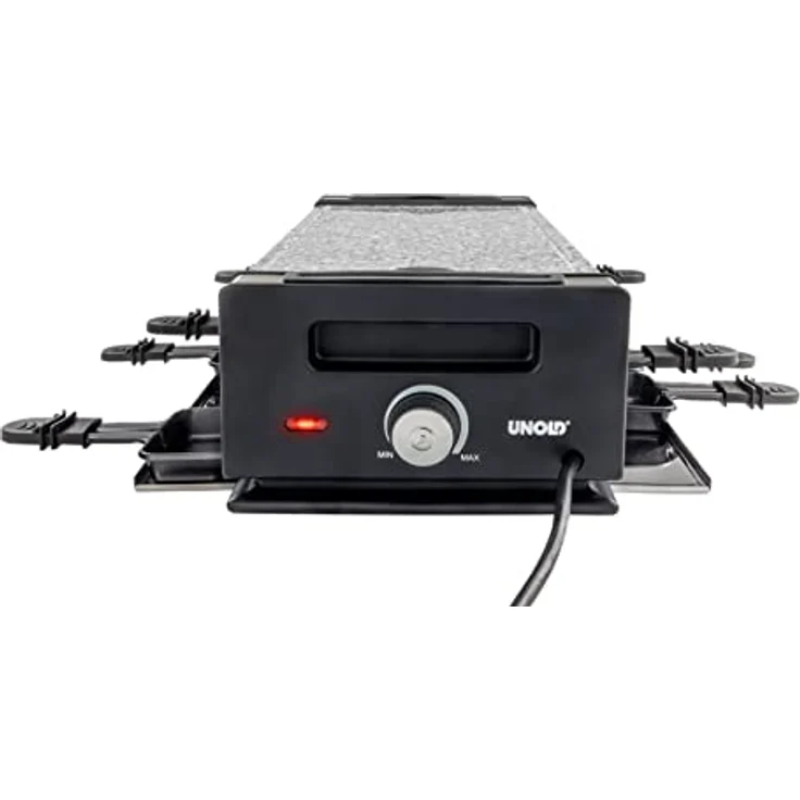 Unold 48930 Raclette Finesse Basic Raclette-Grill inkl. Raclette Rezeptbuch mit 50 Rezepten, für 8 Personen, wendbare Antihaft-Grillplatte, elektrischer Tischgrill, Edelstahl/Aluminium, 1200W – Bild 5