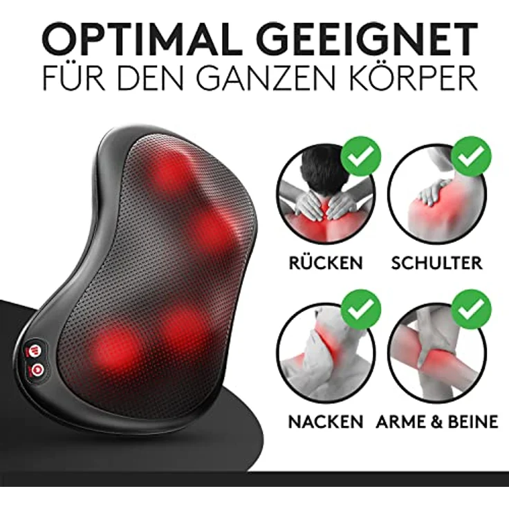 Wellax - Massagekissen mit Wärmefunktion & 360° Drehung - Shiatsu Nackenmassagegerät mit 3 Geschwindigkeiten für Schultern & Rücken - inkl. Verlängerungsgurt - Neck Massager, Schwarz – Bild 5