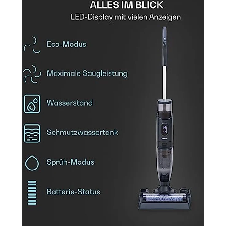 Klarstein Akku Staubsauger Kabellos, Stab-Staubsauger ohne Beutel mit Ladestation, Kabelloser Akku-Staubsauger für Teppich- und Hartböden, 40 Min. Akku, Selbstreinigend, Nass- und Trockensauger – Bild 5