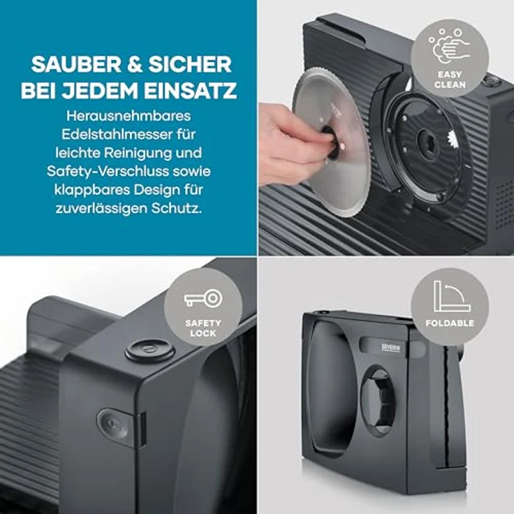 SEVERIN Kompakt Allesschneider AS 9595, DC Motor mit variablem Schnittstärken von 0-15 mm, platzsparendes Design – Bild 8