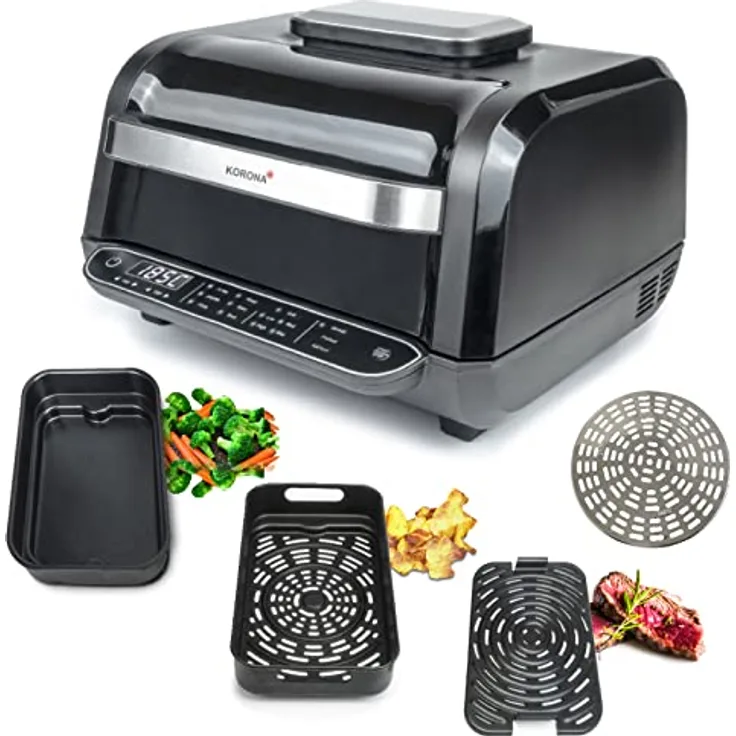Korona 46160 8in1-Multifunktionsgrill| | Heißluftfritteuse, Backofen, Pizzaofen, Dörrautomat, Bratfunktion, Grill, BBQ | Vier Garstufen | Inkl. Grillrost, Garkorb und Kochtopf | Leicht zu reinigen