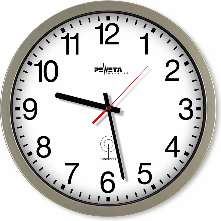 Peweta Wanduhr 55.131.313 Funkuhr 1.5Vf.innen O350mm in Mattsilber, geräuschlos mit arabischen Zahlen