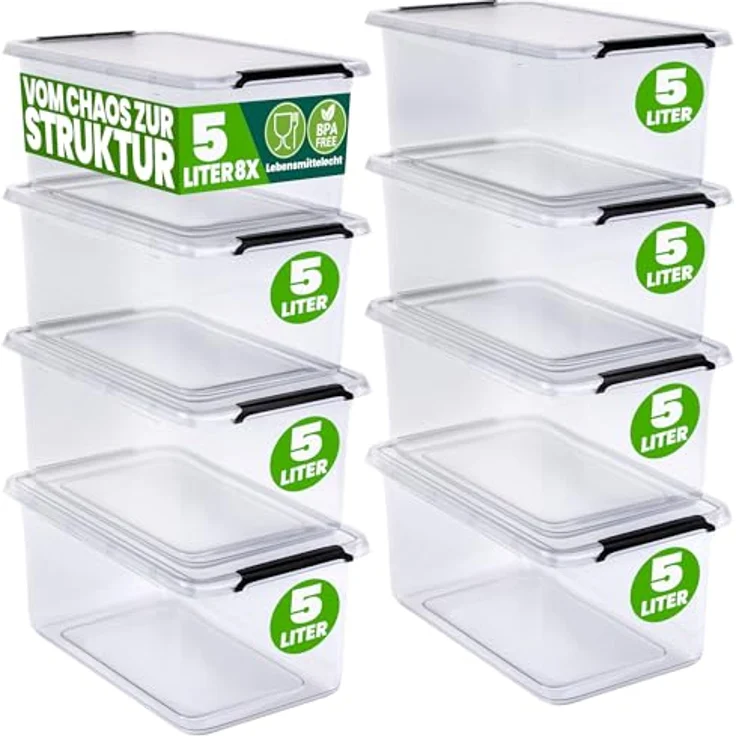 Deuba® 8x Aufbewahrungsbox mit Deckel 5L Box Kunststoff Kisten lebensmittelecht BPA frei klein Klickverschluss transparent stapelbar Küche Schlafzimmer – Bild 1