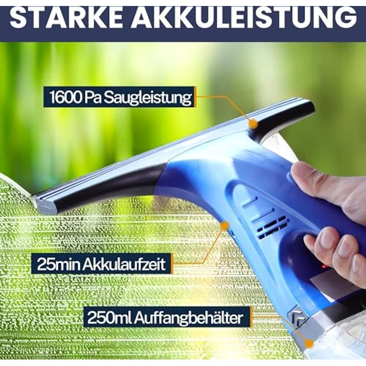 Sommertal Akku-Fenstersauger Set, 1600Pa Saugleistung, 25 Min Akkulaufzeit, inkl. Sprühflasche & Mikrofaserpad, streifenfreier Fensterputz – Bild 5