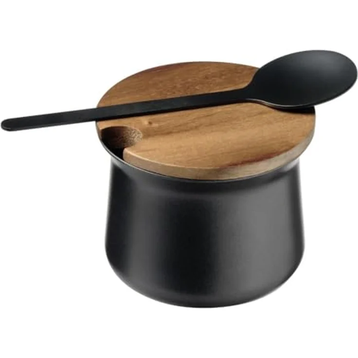 APS Zuckerdose Big, Edelstahl mattiert mit Akazienholzdeckel und Löffel, 20 x 13 cm, Höhe 5,5 cm – Bild 1