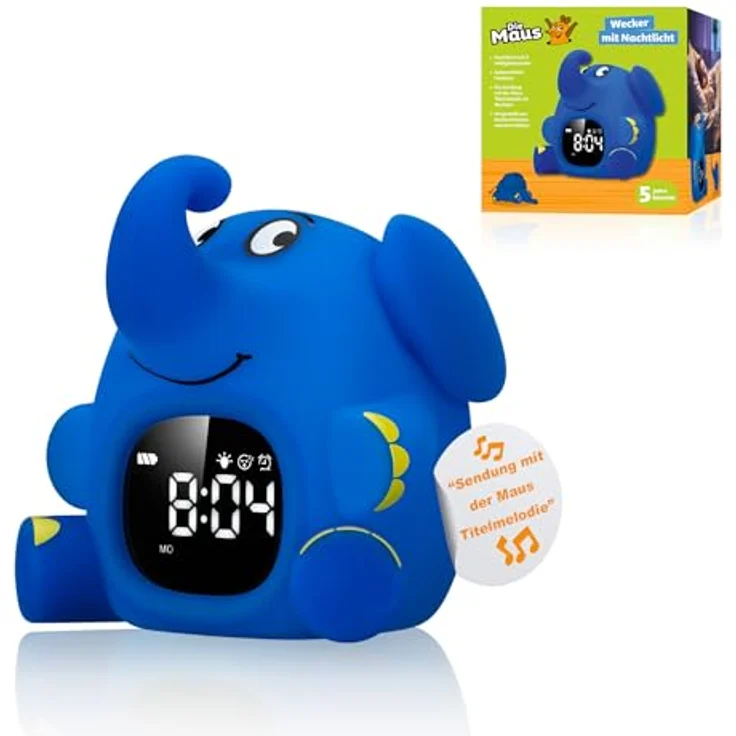 Die Maus Lichtwecker für Kinder, Elefant-Design mit Aufwachlicht, 6 Wecktönen und Nachtlichtfunktion – Bild 1