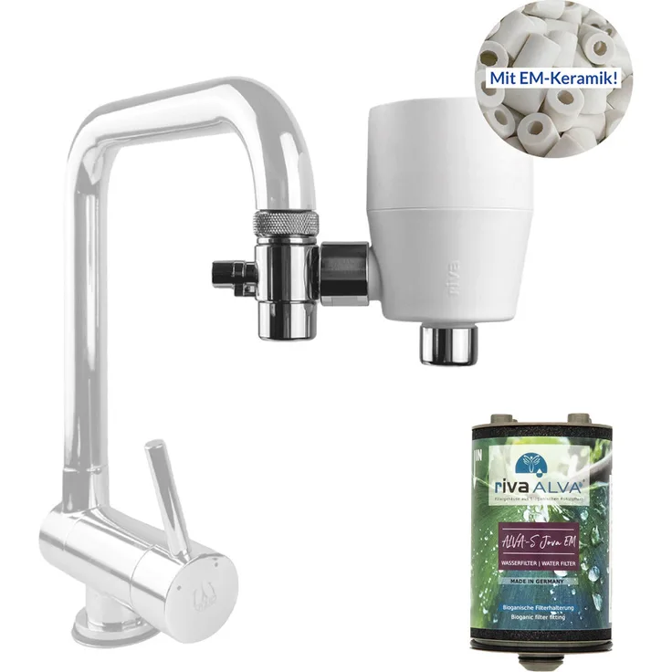 Riva rivaALVA-S Jova EM Wasserfilter am Wasserhahn mit EM-Keramik - Weiß, Filterung direkt am Wasserhahn, HighTech Membran für 99,99% Viren- und Bakterienfilterung, Premium Blockaktivkohle für breite Schadstofffilterung