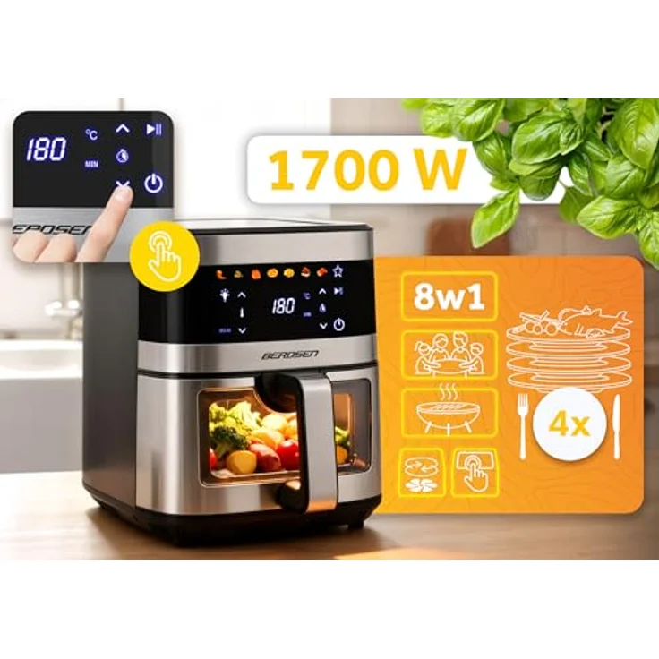 Berdsen Heißluftfritteuse XXL 9,1L - Airfryer mit Sichtfenster, Touchscreen, 1700W, 7 Programme, spülmaschinengeeignet – Bild 5