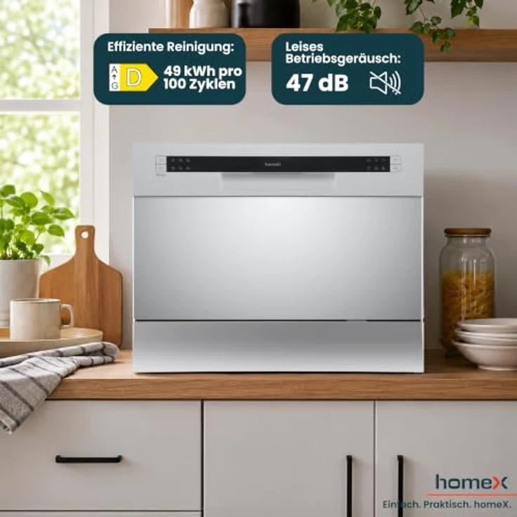 homeX GST6AD-S Mini Geschirrspüler, 6 Programme, AquaStop, für 6 Maßgedecke, Silber – Bild 7