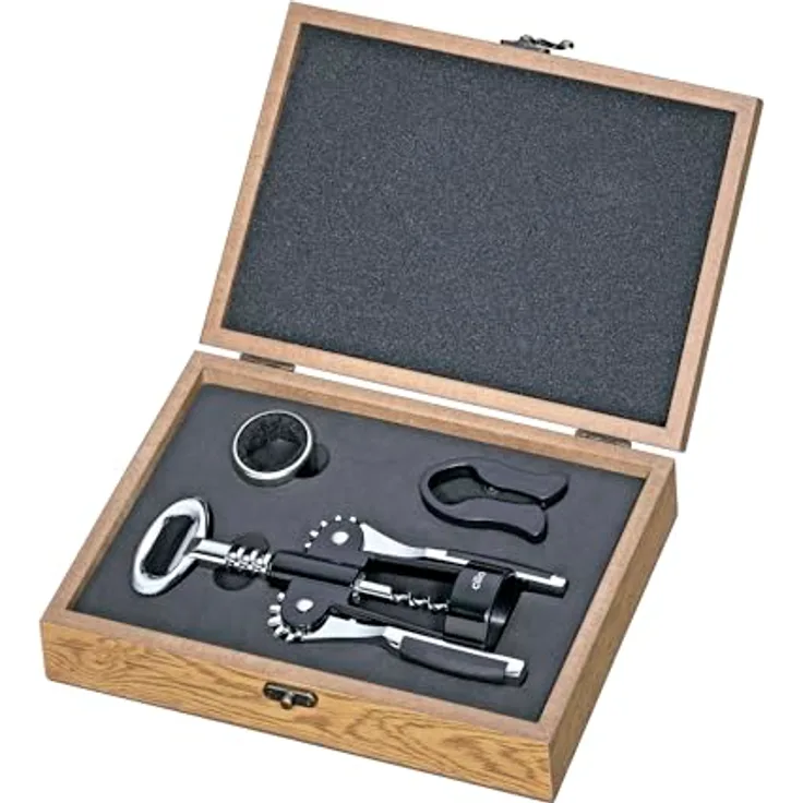 Cilio Weinset TOSCANA 3-teilig, Flügelkorkenzieher, Tropfenfänger, Folienschneider, Holzbox, Geschenkset