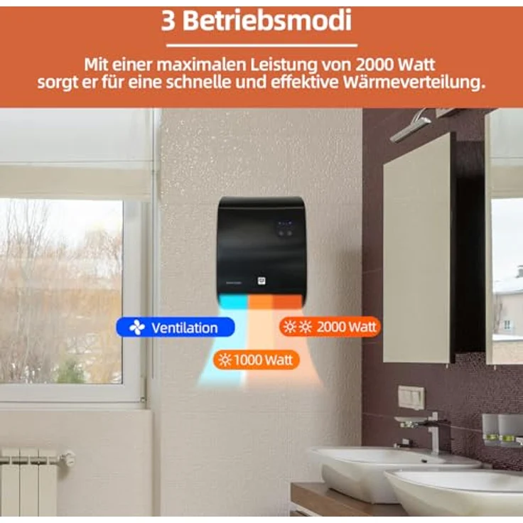 SHX Badezimmer-Heizlüfter 2000 W | Thermostat mit Fernbedienung | wassergeschützt | sicher im Bad, Schwarz – Bild 3