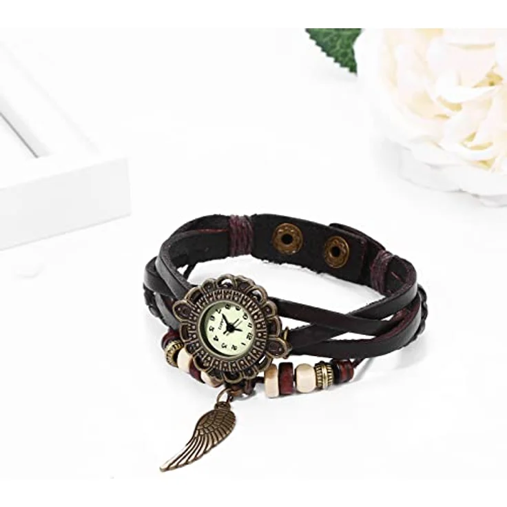 JewelryWe Retro Analog Quarz Armbanduhr für Damen, Braun mit geflochtenem Lederarmband und Engel Flügel Anhänger – Bild 3