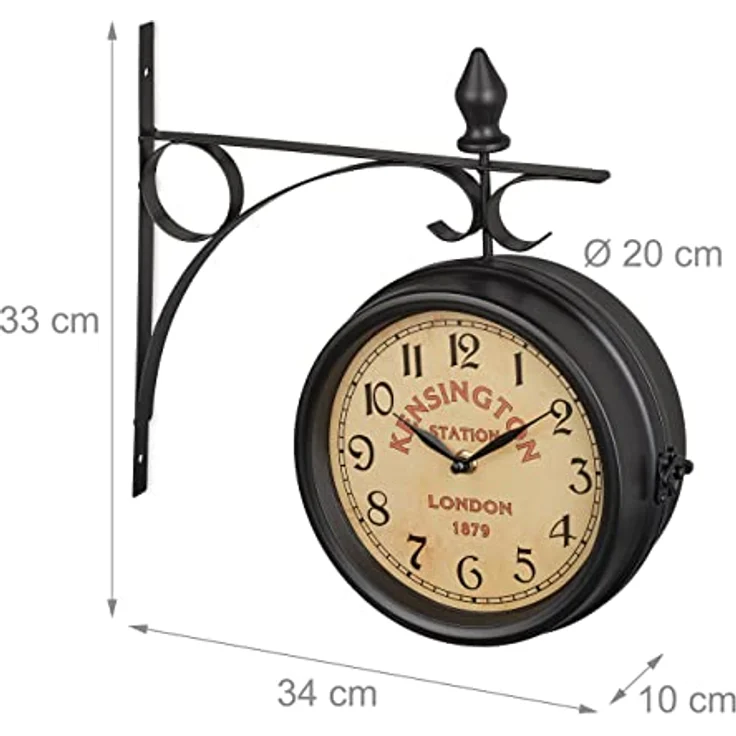 Relaxdays Bahnhofsuhr doppelseitig, London, Retro, HBT 33 x 34 x 10 cm, Batterie, analog, Wanduhr Vintage Deko, schwarz – Bild 4