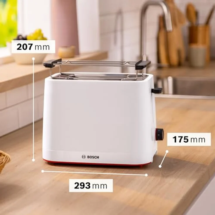 Bosch Kompakt Toaster MyMoment TAT3M121, entnehmbarer klappbarer Brötchenaufsatz, mit Auftaufunktion, Abschaltautomatik, Liftfunktion, Brotzentrierung, ideal für 2 Scheiben, 800 Watt, Weiß matt – Bild 2