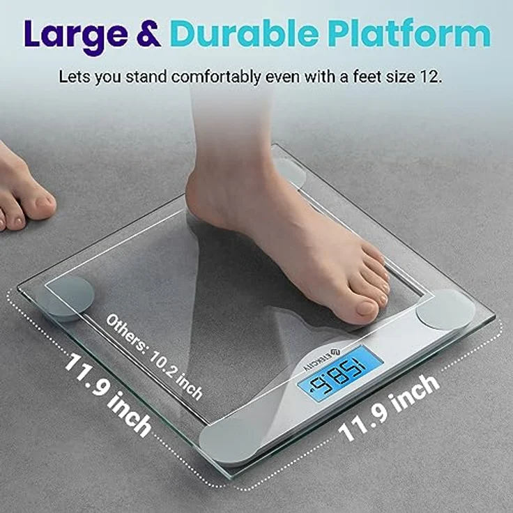 ETEKCITY Personenwaage digital, Gewichtswaage mit großer blauen LCD-Hintergrundbeleuchtung, hochpräzise Messungen, 6 mm gehärtetes Glas, 180 kg, Silber, 1 Stück (1er Pack) – Bild 4