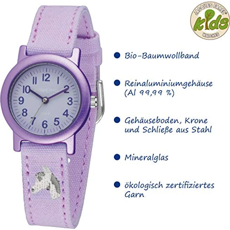 Jacques Farel Quarzuhr ORG 8820, Kinder-Armbanduhr mit Pferdestickerei, zartlila Baumwollarmband, ideal als Geschenk – Bild 3