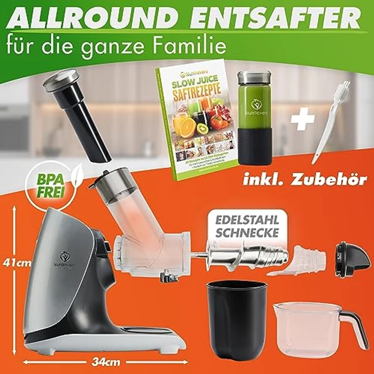 Nutrilovers GREEN-PRESS EDELSTAHL Slow Juicer, 304 Edelstahl, BPA-frei, elektrisch, Hochleistungsentsafter für ganze Früchte, Sellerie und Blattgemüse, Testsieger 2023, spülmaschinenfest – Bild 3