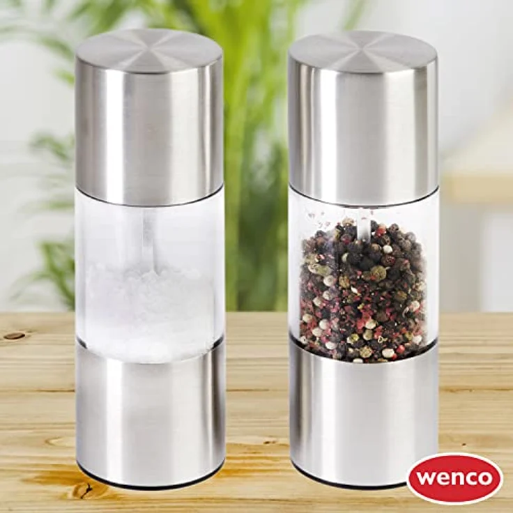 wenco premium Salz-/Pfeffermühle Set 2-teilig zum Mahlen von trockenen Gewürzen, Keramikmahlwerk, Rostfreier Edelstahl, Silber/Transparent – Bild 3
