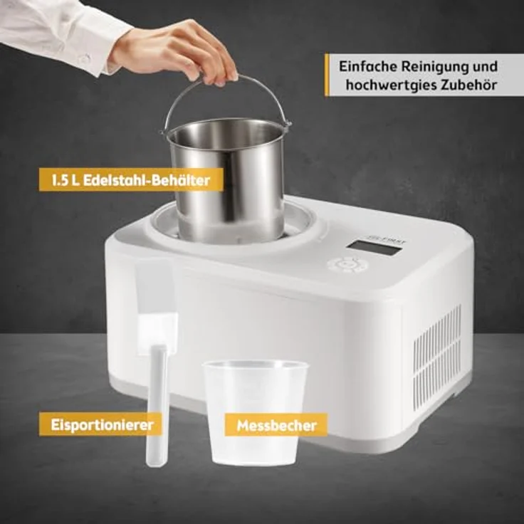 TZS First Austria Eismaschine 1.5L, Kompressor, Edelstahlbehälter, LCD-Display, Kühlhaltung, für Eiscreme & Joghurt, weiß – Bild 4