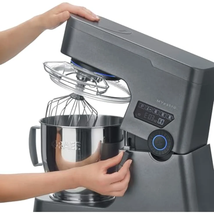 Graef KM7016 Myestro Küchenmaschine, 800 Watt, 7 Liter, 10 Geschwindigkeiten, Touch-Display, Planetenrührwerk, grau – Bild 3