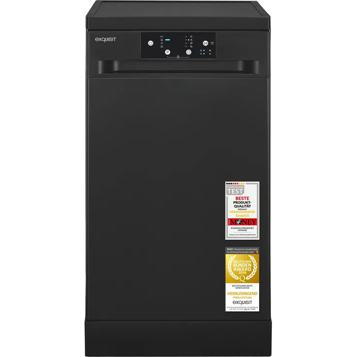 Exquisit Geschirrspüler GSP9109-450D schwarz, 9 Maßgedecke, 4 Programme, Eco 10 L, LED-Anzeige, Aquastop