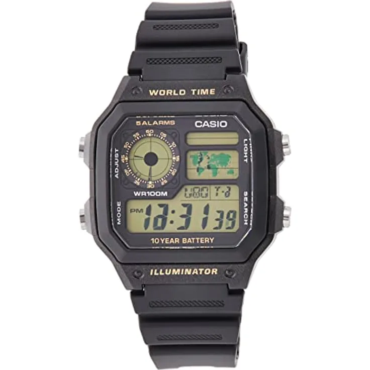 Casio Unisex Digital Analog Uhr mit Harz Armband AE-1200WH-1B, LED-Licht, schwarz