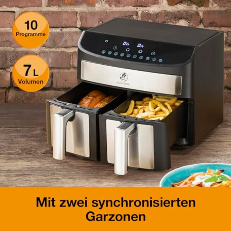 KOCHWERK Doppelkammer Heißluftfritteuse 7 L | Digitaler Edelstahl Airfryer mit Touchscreen & 10 Programmen | Frittieren von Speisen ohne Öl - fettarm | Smart-Cook Funktion | 2400 W – Bild 3