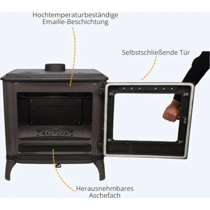 365® Kaminofen Ferrox 75, grau emailliert, 10,5 kW Gusseisen mit Scheibenspülung und Aschekasten – Bild 4