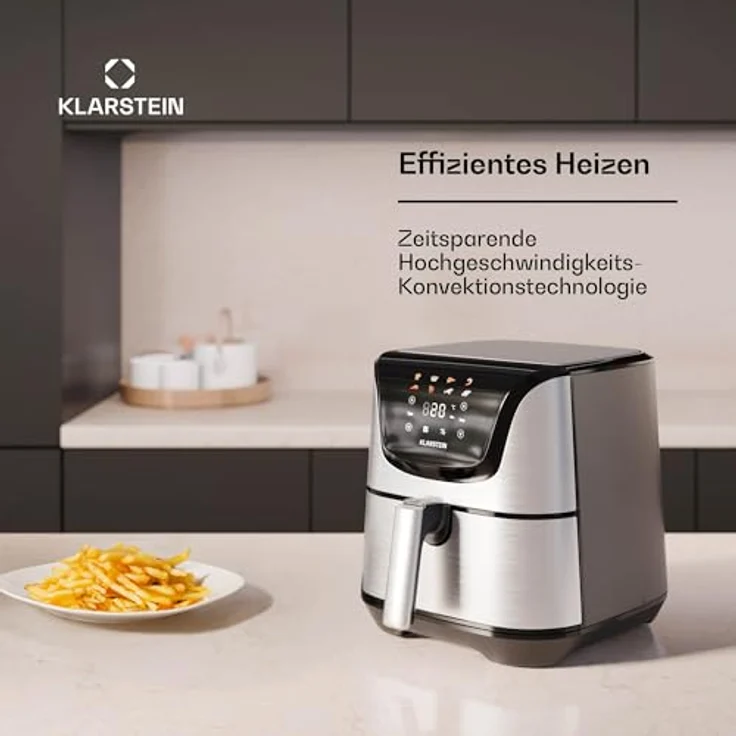 Klarstein AeroVital Deluxe Heißluftfritteuse 5,4L Airfryer 1700W Touch-Display 8 Programme Antihaftbeschichtung Grillrost & Pizzablech Cooltouch-Gehäuse Timer & Temperaturkontrolle Edelstahl – Bild 4