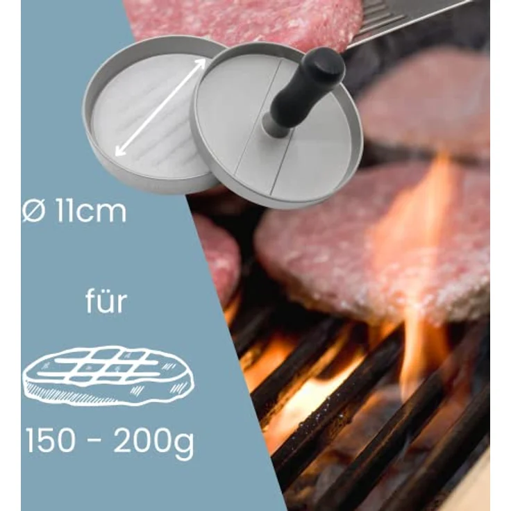 NATUMO Burgerpresse Set aus Hamburgerpresse und Burger Papier (50x Trennpapier), Burger Maker aus Aluguss (Ø 11cm, 200g), Profi Burger Pattie Presse mit Antihaftbeschichtung (Silber) – Bild 2