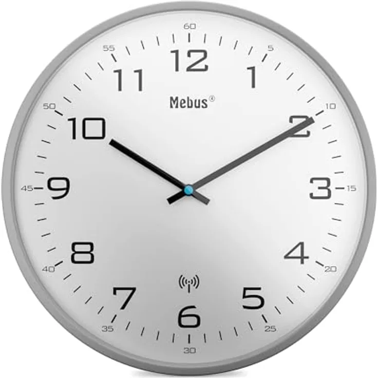 Mebus Funk-Wanduhr Modell 13081, 30 cm, lautlos, grauer Rahmen, weißes Zifferblatt, moderne Präzisionstechnik