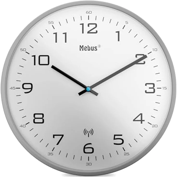 Mebus Funk-Wanduhr Modell 13081, 30 cm, lautlos, grauer Rahmen, weißes Zifferblatt, moderne Präzisionstechnik – Bild 1