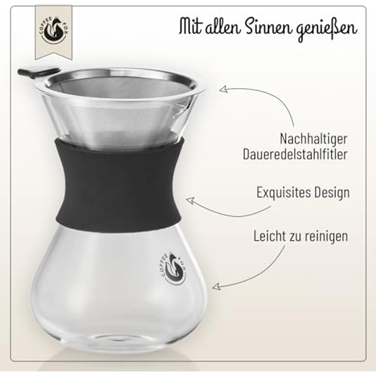 Coffee Fox Kaffeebereiter, Pour Over - 650 ml Glaskaraffe mit Edelstahlfilter, spülmaschinenfest und nachhaltig – Bild 2