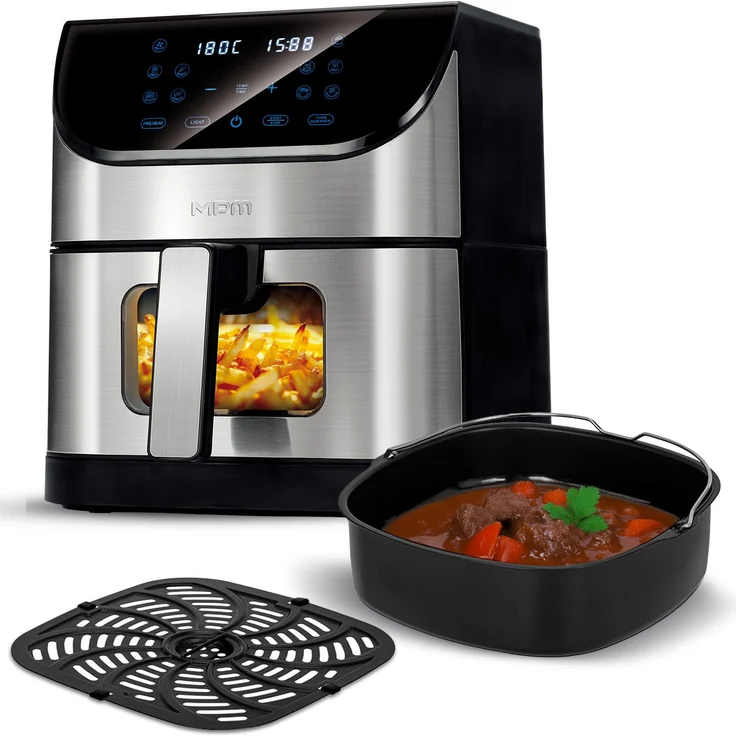 MPM Heißluftfritteuse MFR-17M, 8 Liter XXL in Schwarz, Öl-frei, 1800W, 10 Automatikprogramme, LED Display, Timer 60 Min.