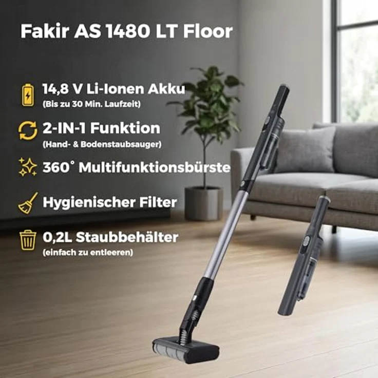 FAKIR Akku-Hand-und Stielstaubsauger AS 1480 LT Floor, kabelloser Staubsauger mit 180 Watt Leistung, beutelloses Design – Bild 3