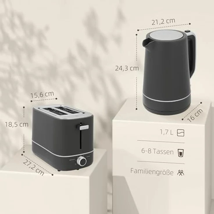 HOMCOM Toaster Set, 1,7 L Wasserkocher und Toaster mit 2 Schlitzen, 2200 W, 6 Bräunungsstufen, grau und chrom – Bild 7