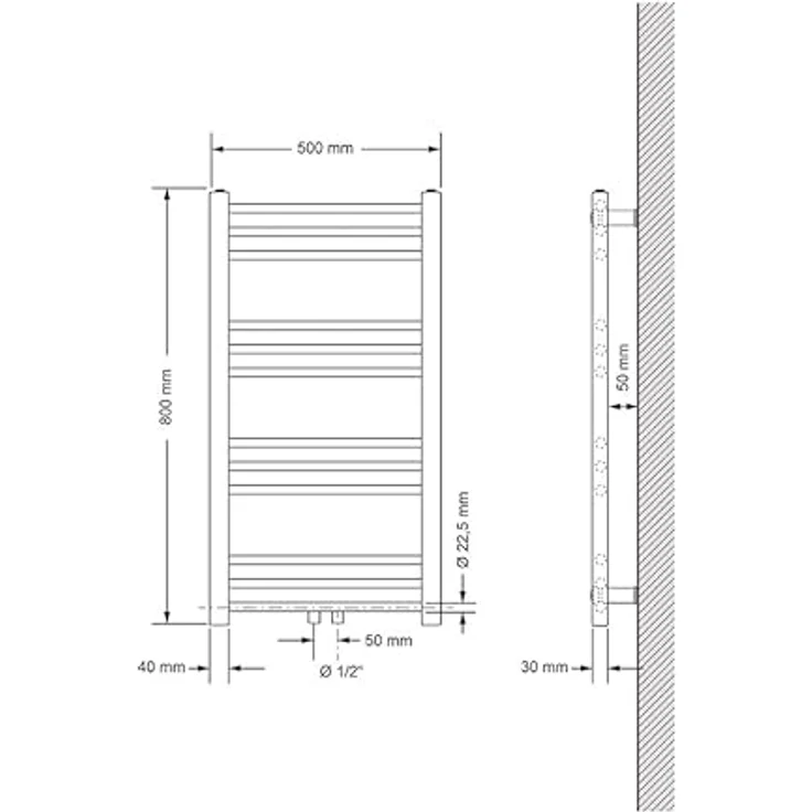 LuxeBath Badheizkörper 500x800 mm, Weiß, Gerade Heizkörper mit Mittelanschluss, Wärmeleistung 378 Watt – Bild 2