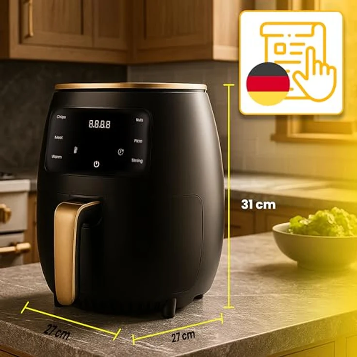 Retoo Heißluftfritteuse 6L Airfryer 2400W, 6 Programme, leise, Schwarz und Gold, LCD Display, LED Touchscreen – Bild 9