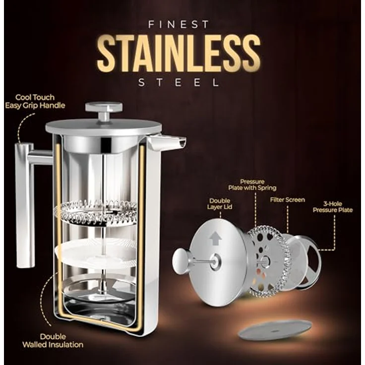 KICHLY Französische Presse Kaffeebereiter 12 Oz - 350 ml (2 Tassen) - Edelstahlfilter, isolierte Wände, Silber – Bild 4