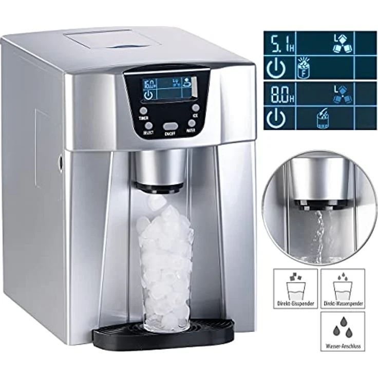 Rosenstein & Söhne Eiswürfelbereiter: Premium-Eiswürfelmaschine mit Eiswürfel- & Kaltwasserspender, 2 Liter (eckige Eiswürfel, LCD-Display, Timer-Funktion) – Bild 3