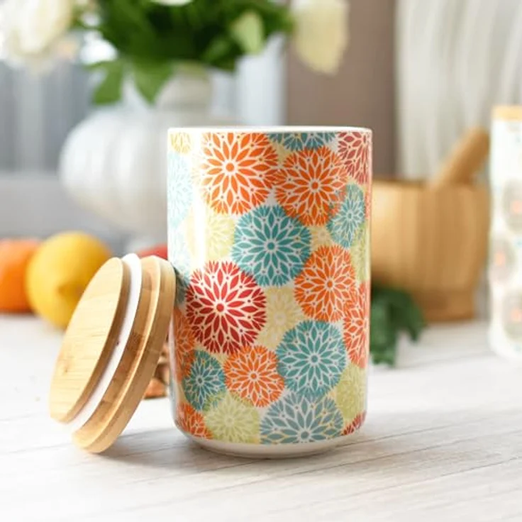 Sendez Vorratsdose Porzellan 800 ml, luftdicht mit Bambusdeckel, bunte Boho Blumen Design für Kaffee, Tee, Zucker und Gewürze – Bild 2