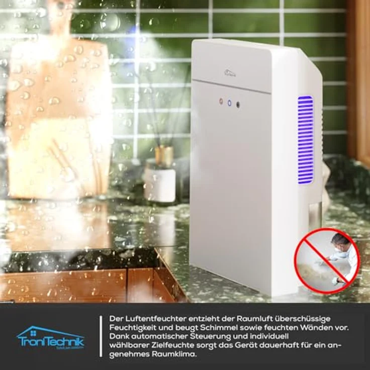 Tronitechnik EF-03, Luftentfeuchter bis 600 ml/24 h, 2,2 L Tank, Glasfront, mit Abtautomatik und Schlauchanschluss, leise, für Räume bis 30 m² – Bild 4