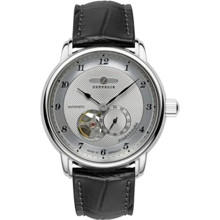 Zeppelin Herrenuhr Automatik Open Heart Friedrichshafen Schwarz 8566-4, Leder schwarz & silbernes Zifferblatt