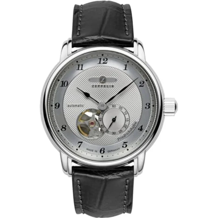 Zeppelin Herrenuhr Automatik Open Heart Friedrichshafen Schwarz 8566-4, Leder schwarz & silbernes Zifferblatt – Bild 1