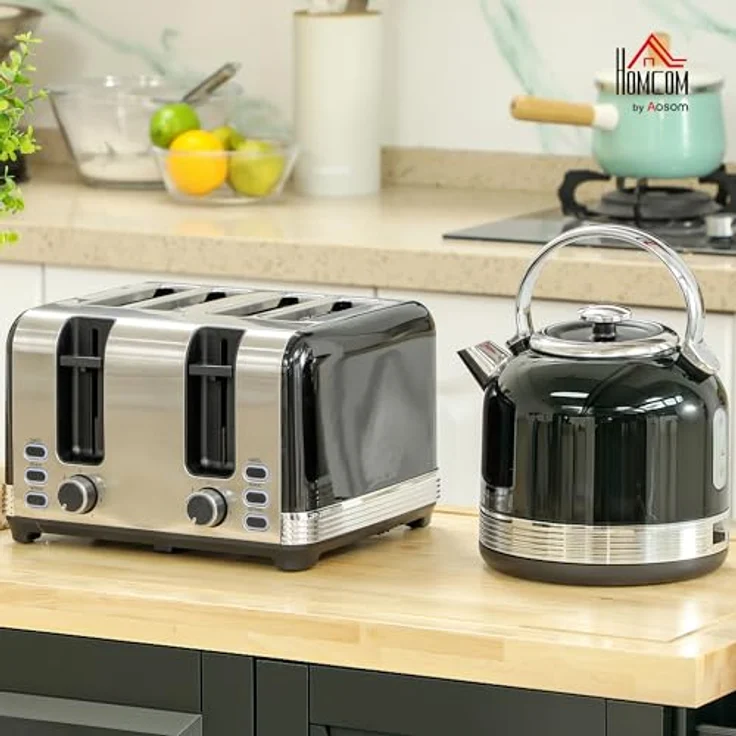 HOMCOM Toaster-Set mit Wasserkocher, 2200 W, 1.7 L, 7 Bräunungsstufen, Strix-Thermostat, Schwarz mit Edelstahlakzenten – Bild 2