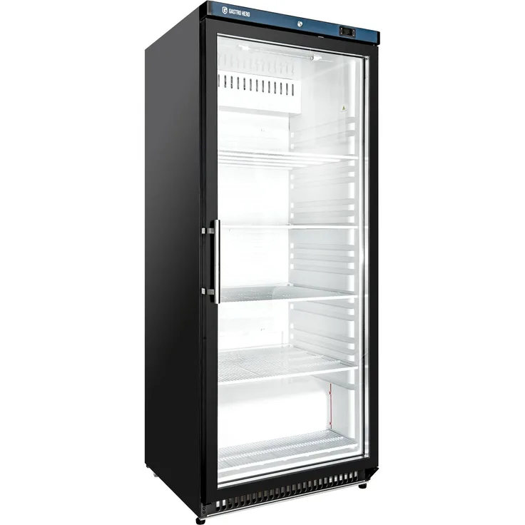 GASTROHERO Lagerkühlschrank ECO 600, Glastür, 562 Liter, Innenraum aus Kunststoff, schwarz, digitale Temperatursteuerung, ventilatorunterstützte Umluftkühlung