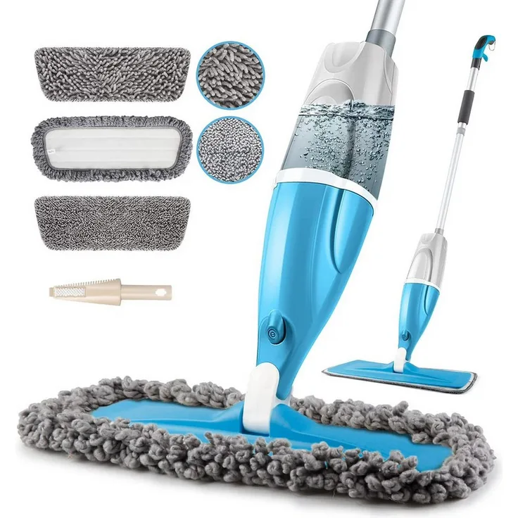 HUGERSTONE Sprühwischer Wischmopp Set, 440ml Wassertank, 360° drehbarer Nass- und Trockenwischer mit 3 waschbaren Mikrofaser Pads, blaugrau